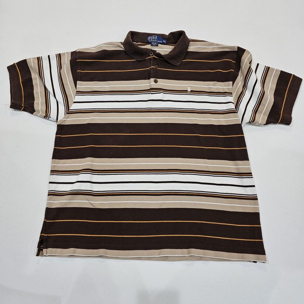 Ralph Lauren Polo 2XL XXL Short Sleeve Brown White Stripe Men's Pony 3 Button